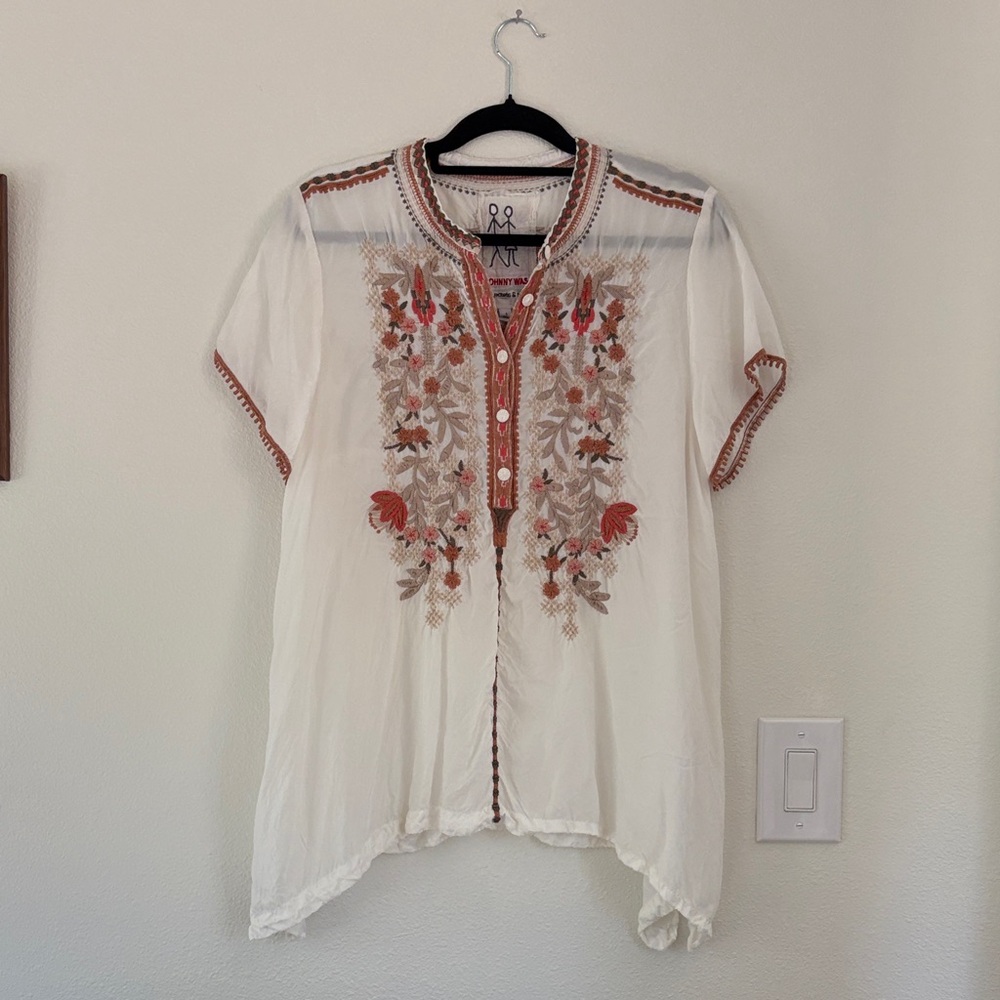 Johnny Was White and Orange Embroidered Blouse
